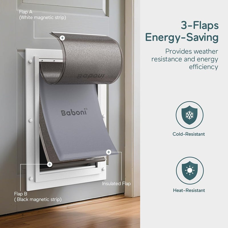 baboni 3-Flaps Pet Door for Interior and Exterior Doors, Durable Plastic Frame and Telescoping Tunnel, Aluminum Lock/Metal Panel, Strong Magnetic Flaps, Never Rust Dog Door (Pets Up to 100 Lb) -Large - Image 2
